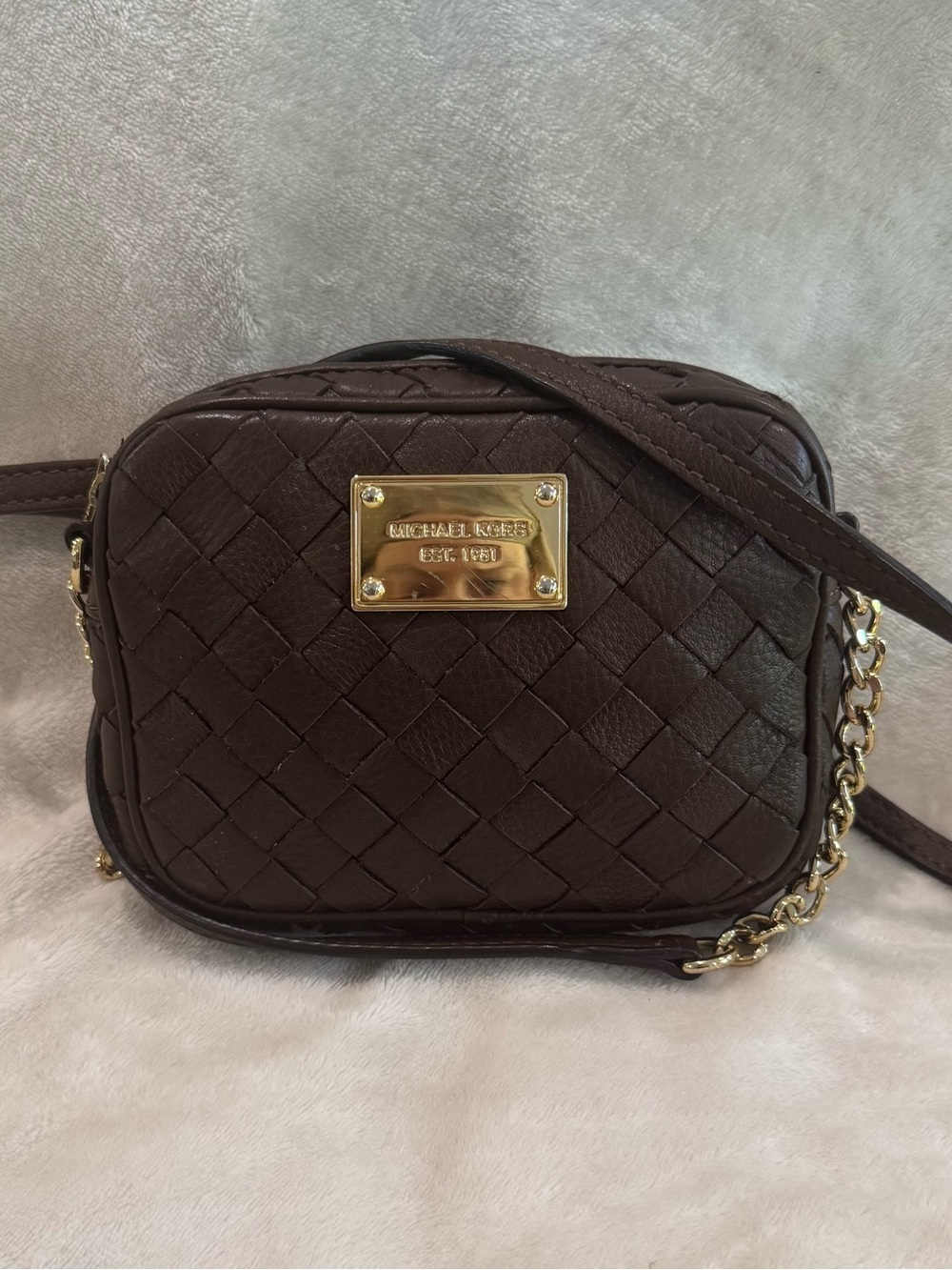 Michael Kors Dark Brown Woven Crossbody with Gold Plate